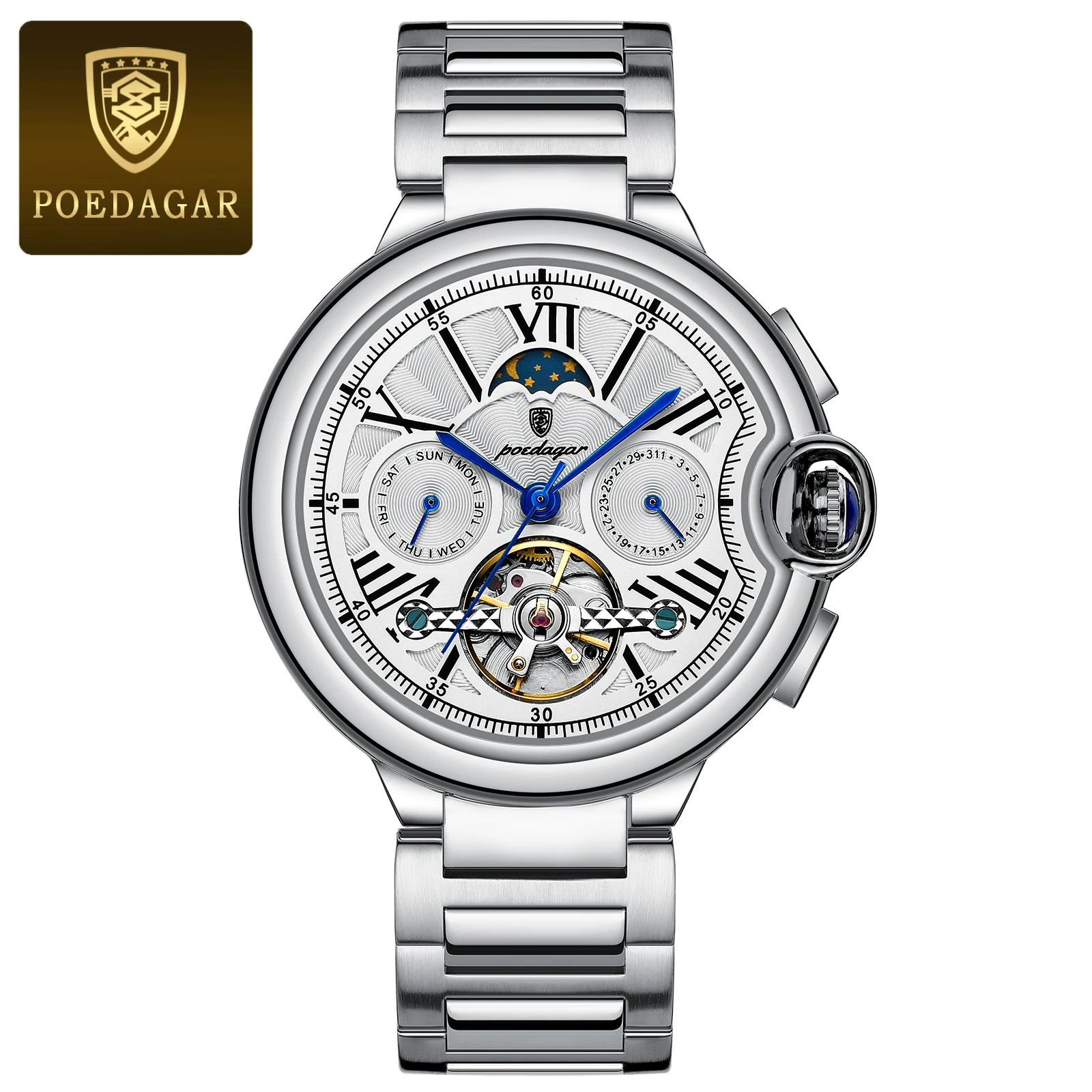POEDAGAR 1413 Men's Automatic Mechanical Watch – Skeleton Dial, Luminous Hands, 30M Waterproof, Stainless Steel Strap